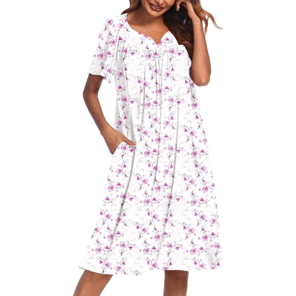 imageEkouaer Nightgowns for Women Cotton Nightgown House Dress with Pockets Short Sleeve Mumu Dress Embroidered Lounge DressWhite Floral