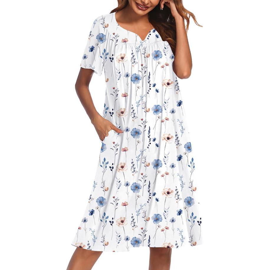 imageEkouaer Nightgowns for Women Cotton Nightgown House Dress with Pockets Short Sleeve Mumu Dress Embroidered Lounge DressWhite Flowers