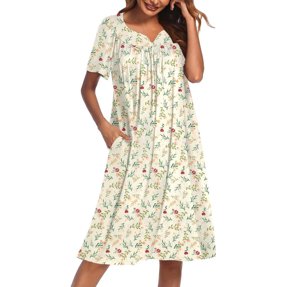 imageEkouaer Nightgowns for Women Cotton Nightgown House Dress with Pockets Short Sleeve Mumu Dress Embroidered Lounge DressYellow Floral