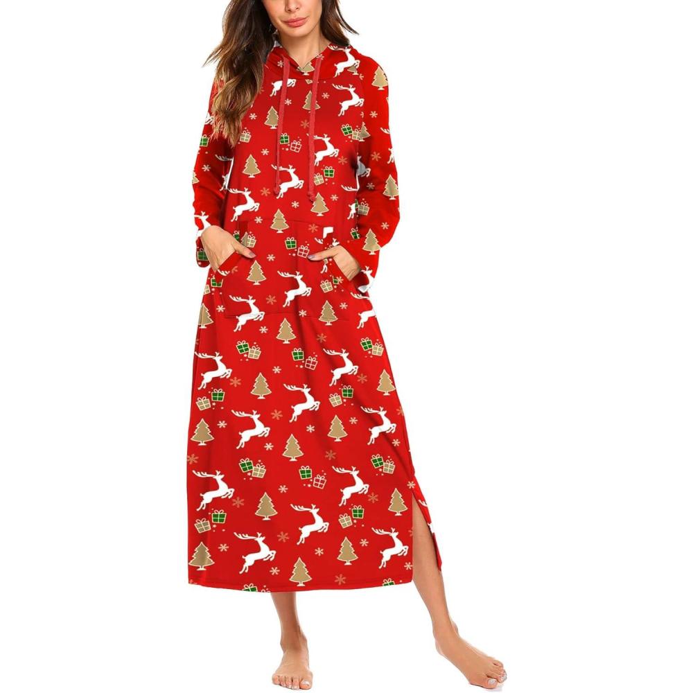 imageEkouaer Nightgowns for Women Cotton Nightgown Long Sleeve Hooded Night Gown Contrast Color Full Length Loungewear with PocketRed Christmas Deer