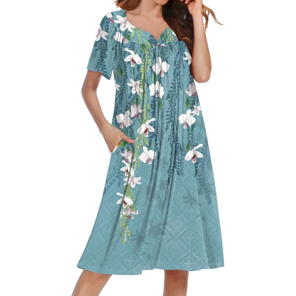 imageEkouaer Nightgowns for Women Short Sleeve House Dress with Pockets Soft Moomoo Pleated Mumu Dresses V Neck SleepwearBlue Flower