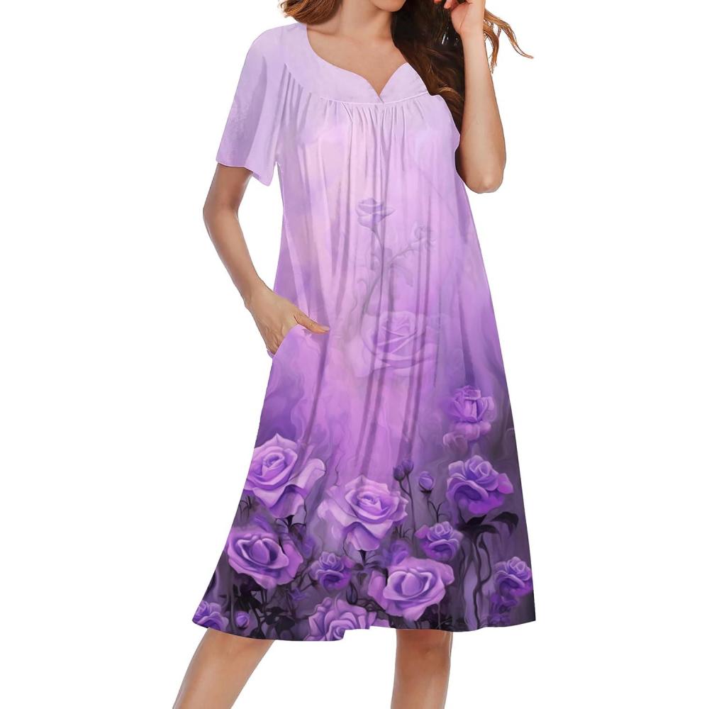 imageEkouaer Nightgowns for Women Short Sleeve House Dress with Pockets Soft Moomoo Pleated Mumu Dresses V Neck SleepwearLight Purple Flower