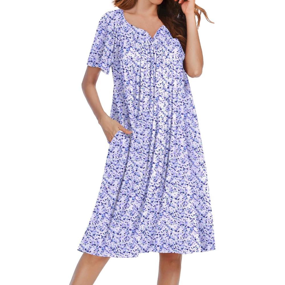 imageEkouaer Nightgowns for Women Short Sleeve House Dress with Pockets Soft Moomoo Pleated Mumu Dresses V Neck SleepwearPurple Floral