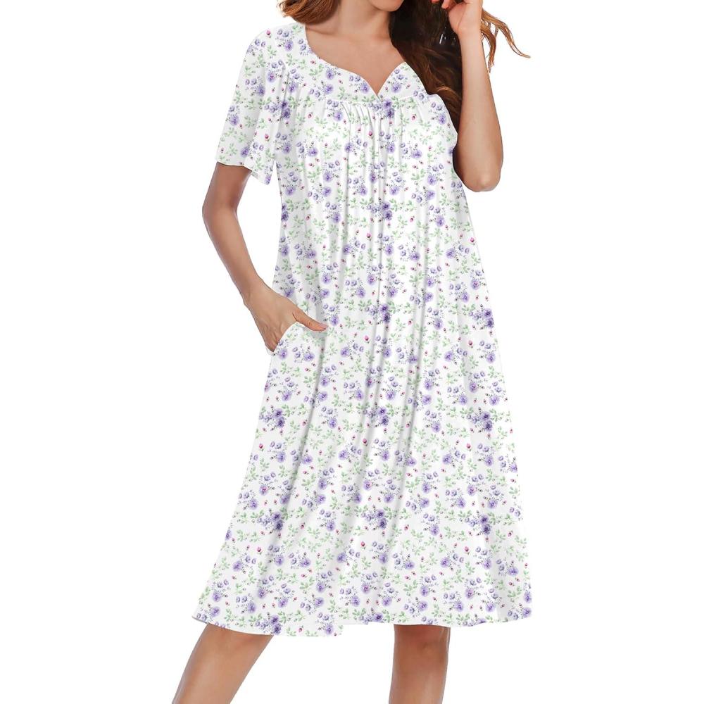 imageEkouaer Nightgowns for Women Short Sleeve House Dress with Pockets Soft Moomoo Pleated Mumu Dresses V Neck SleepwearPurple Flower