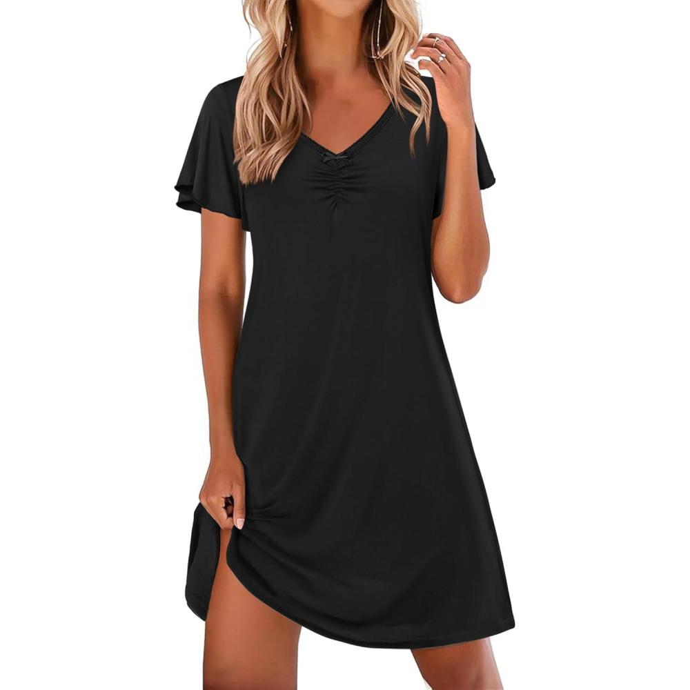 imageEkouaer Nightgowns for Women Short Sleeve Night Gown Comfy Sleep Shirt Soft Sleep Dress Pleated SleepwearAblack
