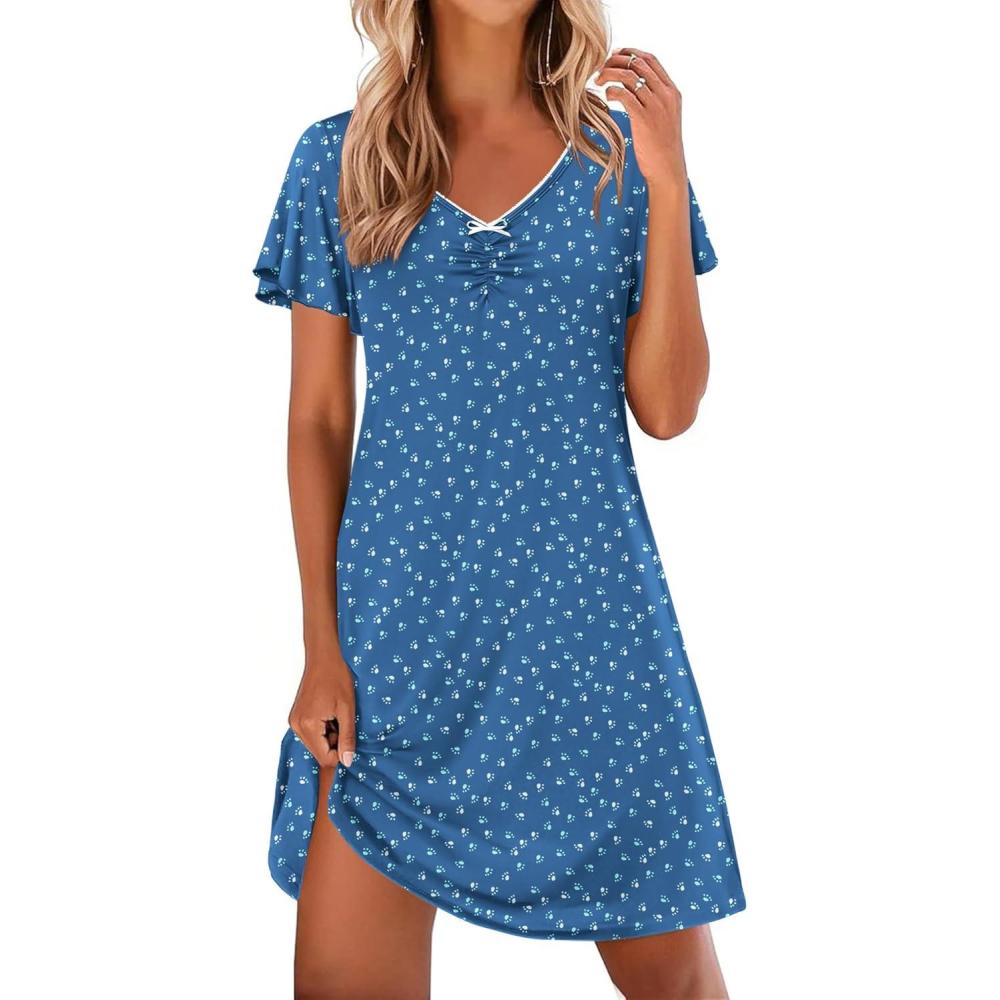 imageEkouaer Nightgowns for Women Short Sleeve Night Gown Comfy Sleep Shirt Soft Sleep Dress Pleated SleepwearBlue Dog Paw