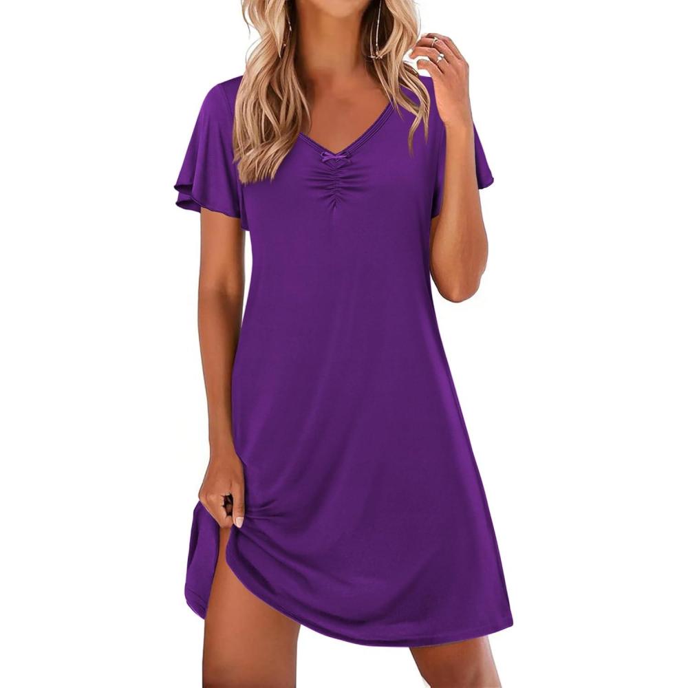 imageEkouaer Nightgowns for Women Short Sleeve Night Gown Comfy Sleep Shirt Soft Sleep Dress Pleated SleepwearDeep Purple