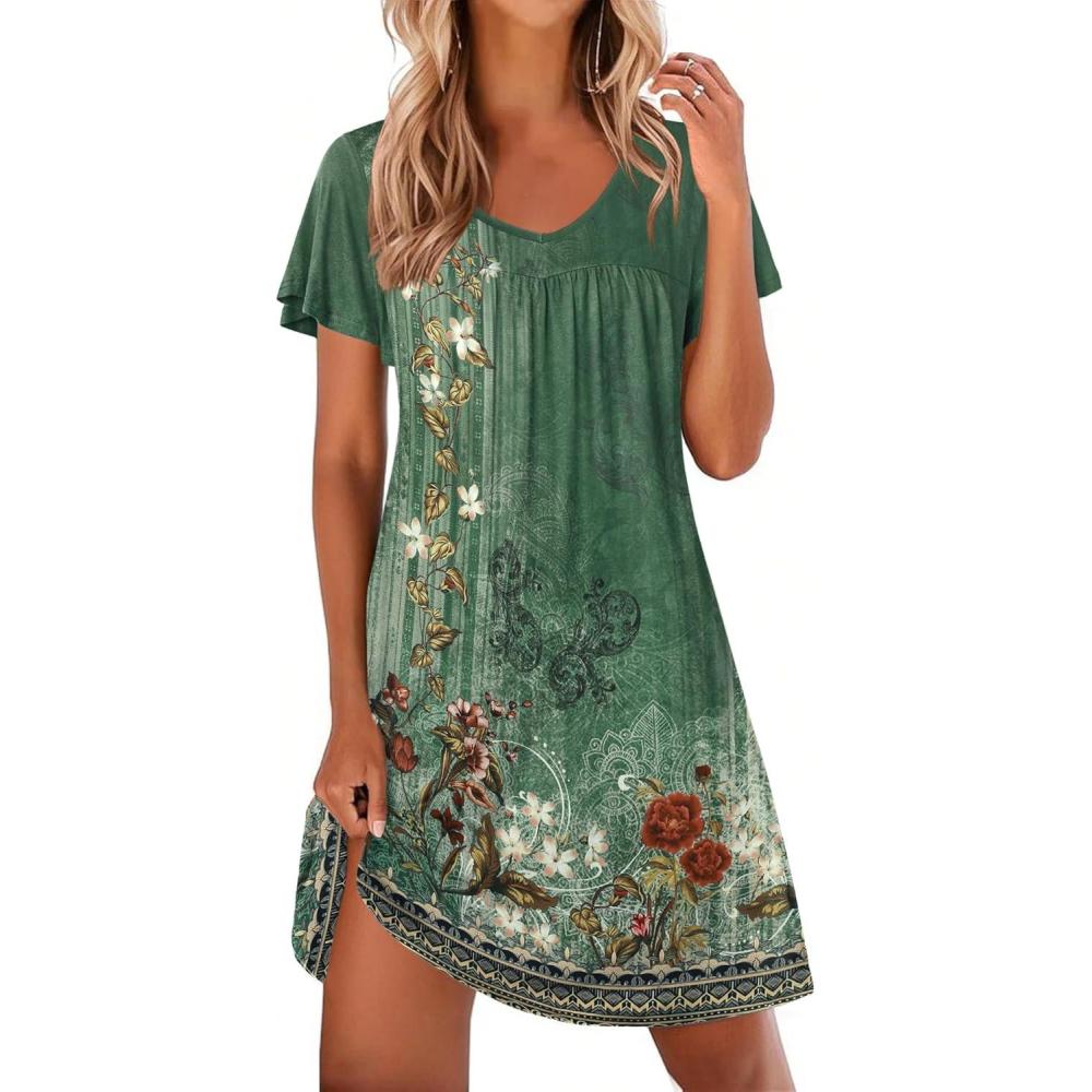 imageEkouaer Nightgowns for Women Short Sleeve Sleep Shirts Pleated Night Dress V Neck Night Shirts Soft House DressGreen Floral