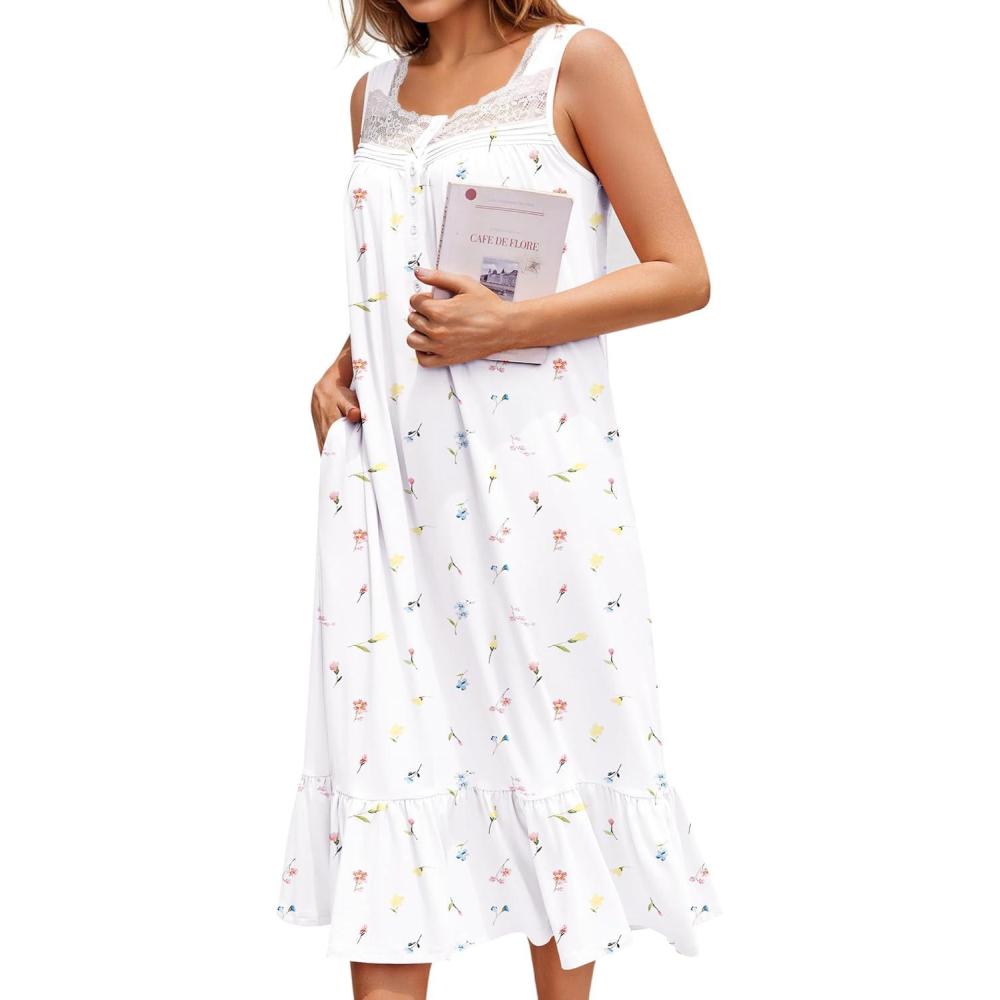 imageEkouaer Nightgowns for Women Sleeveless Night Gown Victorian Sleep Shirt with Pockets Ladies Pajamas Lace Trim SleepwearMulticolored Floral