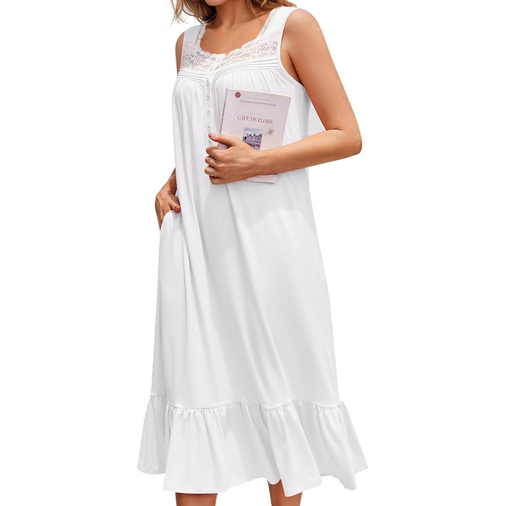 imageEkouaer Nightgowns for Women Sleeveless Night Gown Victorian Sleep Shirt with Pockets Ladies Pajamas Lace Trim SleepwearWhite