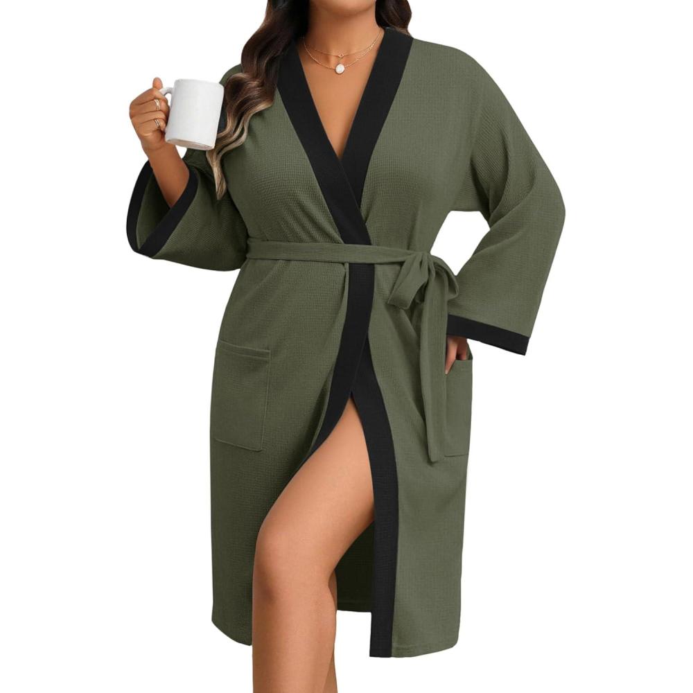 imageEkouaer Plus Size Robe for Women Waffle Knit Bathrobe Short Lightweight Kimono Robes with Pockets Maternity Robe SXXLArmy Green