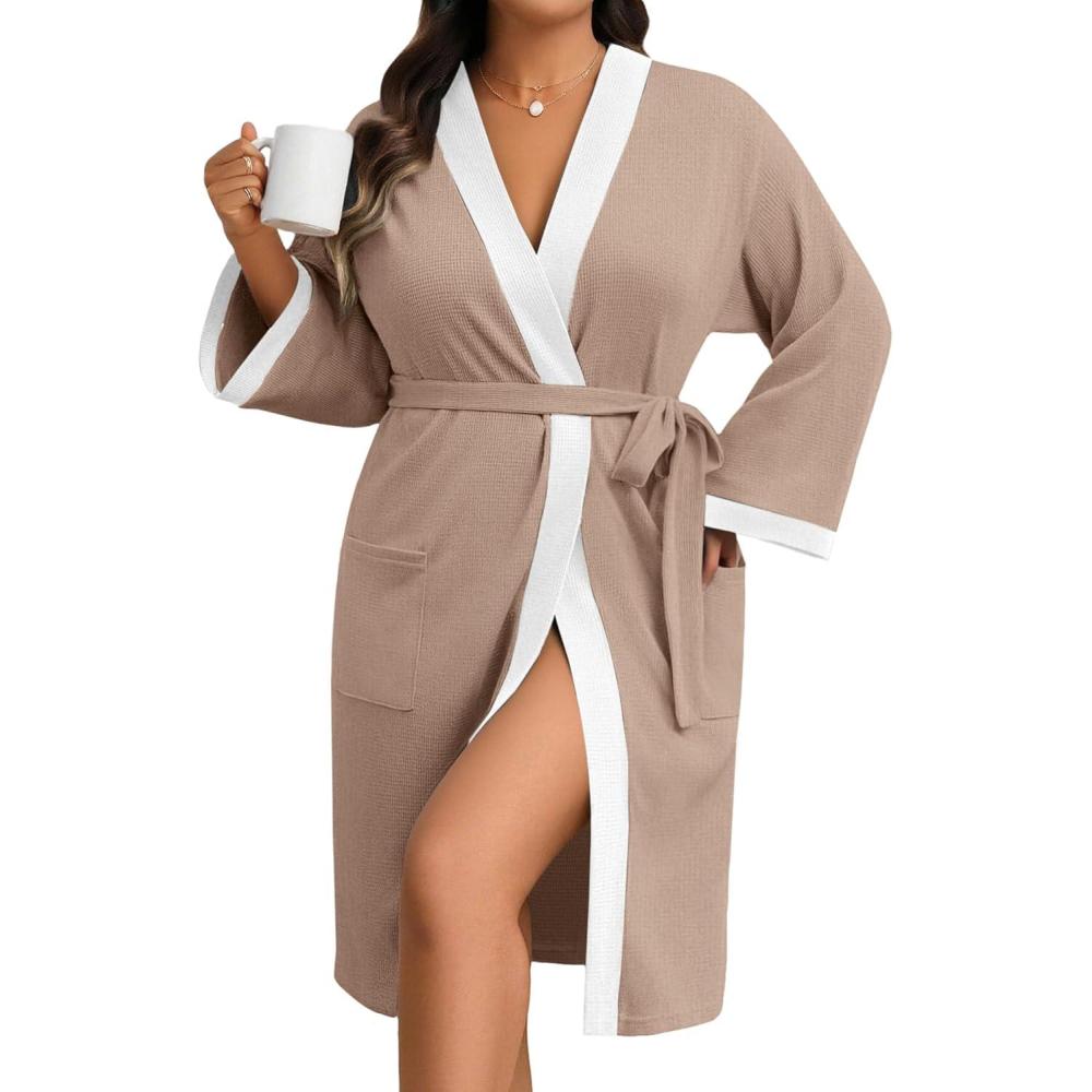 imageEkouaer Plus Size Robe for Women Waffle Knit Bathrobe Short Lightweight Kimono Robes with Pockets Maternity Robe SXXLKhaki