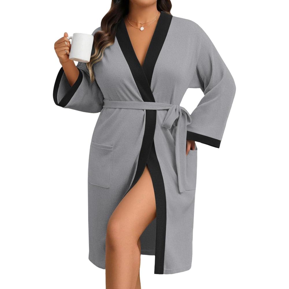imageEkouaer Plus Size Robe for Women Waffle Knit Bathrobe Short Lightweight Kimono Robes with Pockets Maternity Robe SXXLLight Gray
