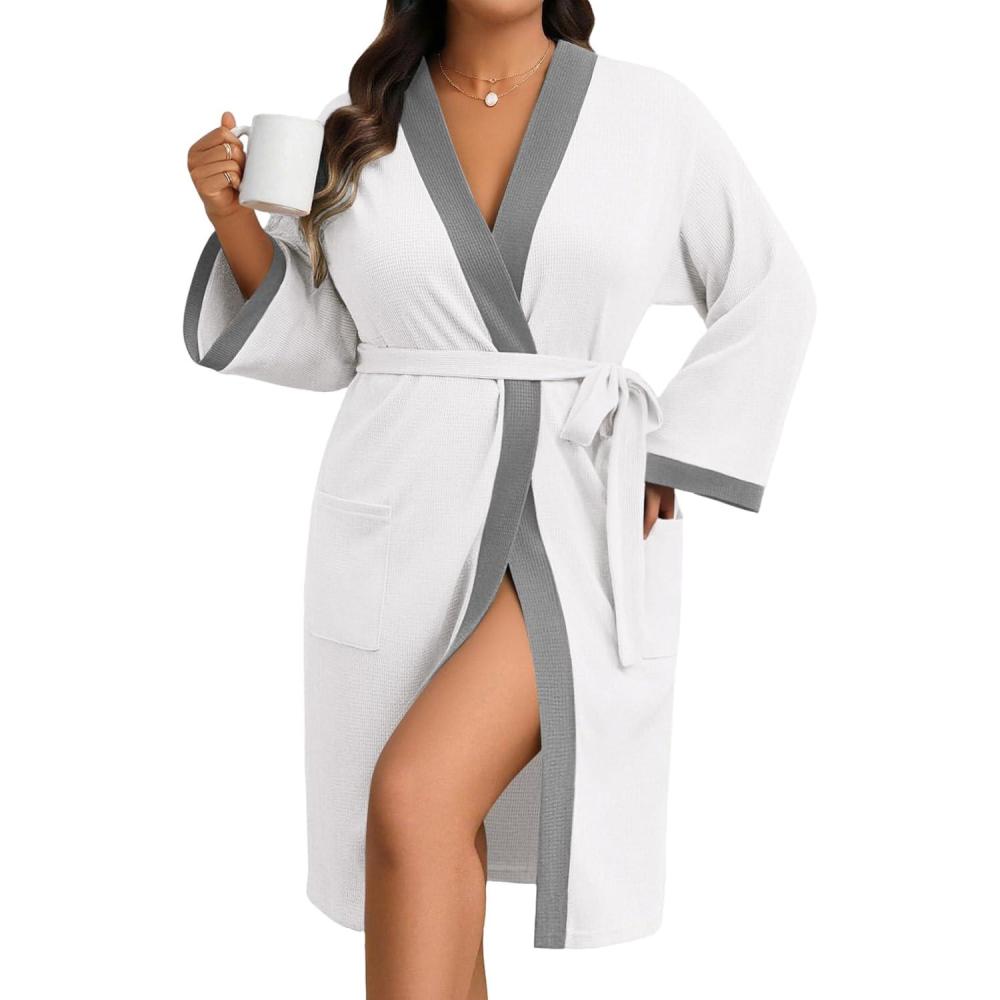 imageEkouaer Plus Size Robe for Women Waffle Knit Bathrobe Short Lightweight Kimono Robes with Pockets Maternity Robe SXXLWhite
