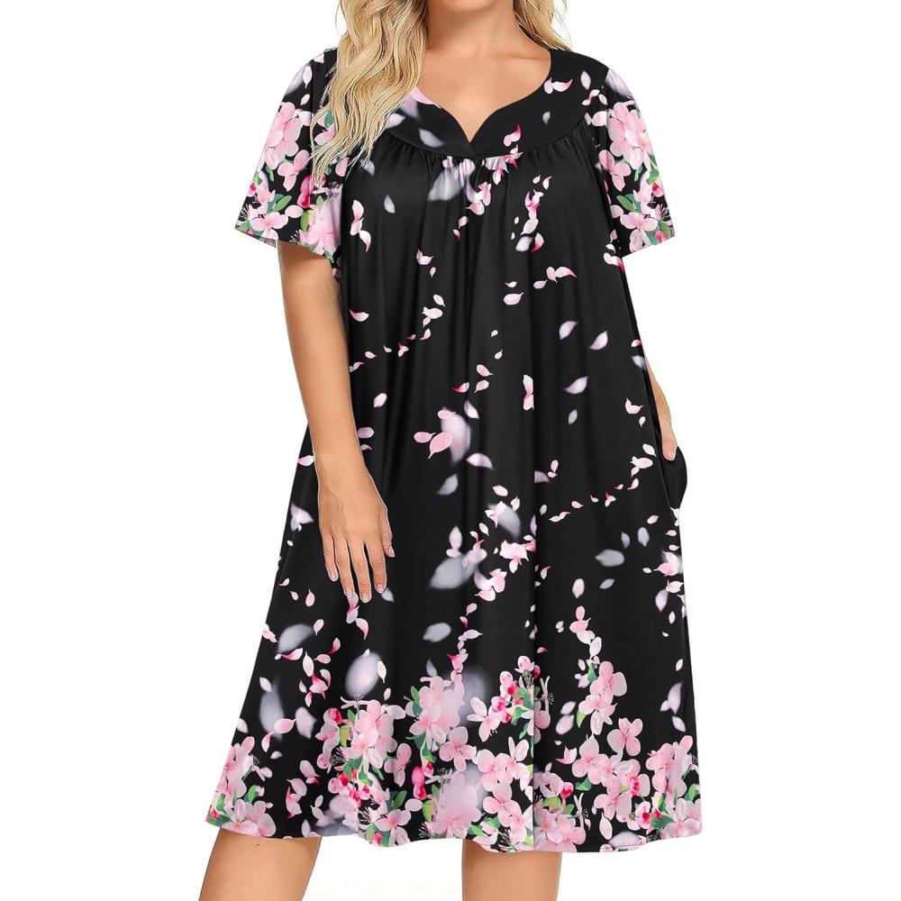 imageEkouaer Plus Womens Plus Size Mumu Dress Short Sleeve House Dress Momo Sleepdress with PocketsBlack Pink Flower