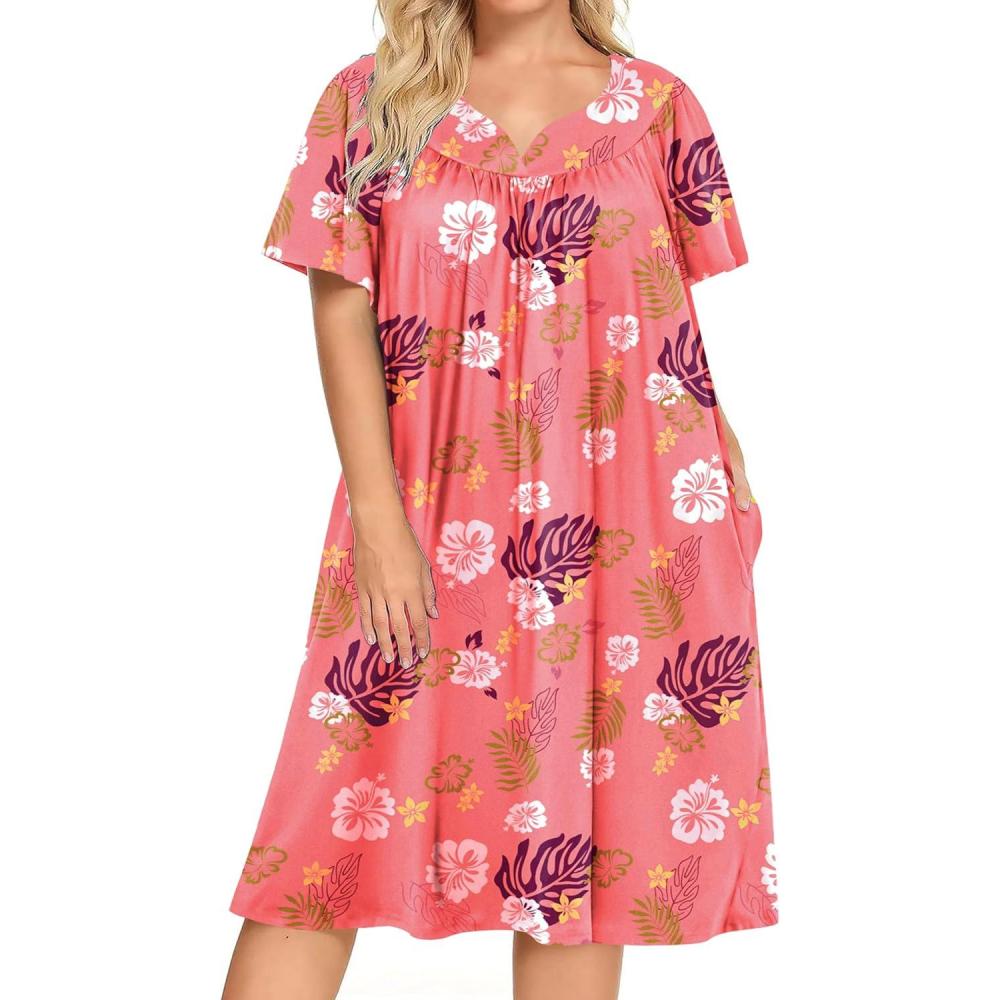 imageEkouaer Plus Womens Plus Size Mumu Dress Short Sleeve House Dress Momo Sleepdress with PocketsPink Print
