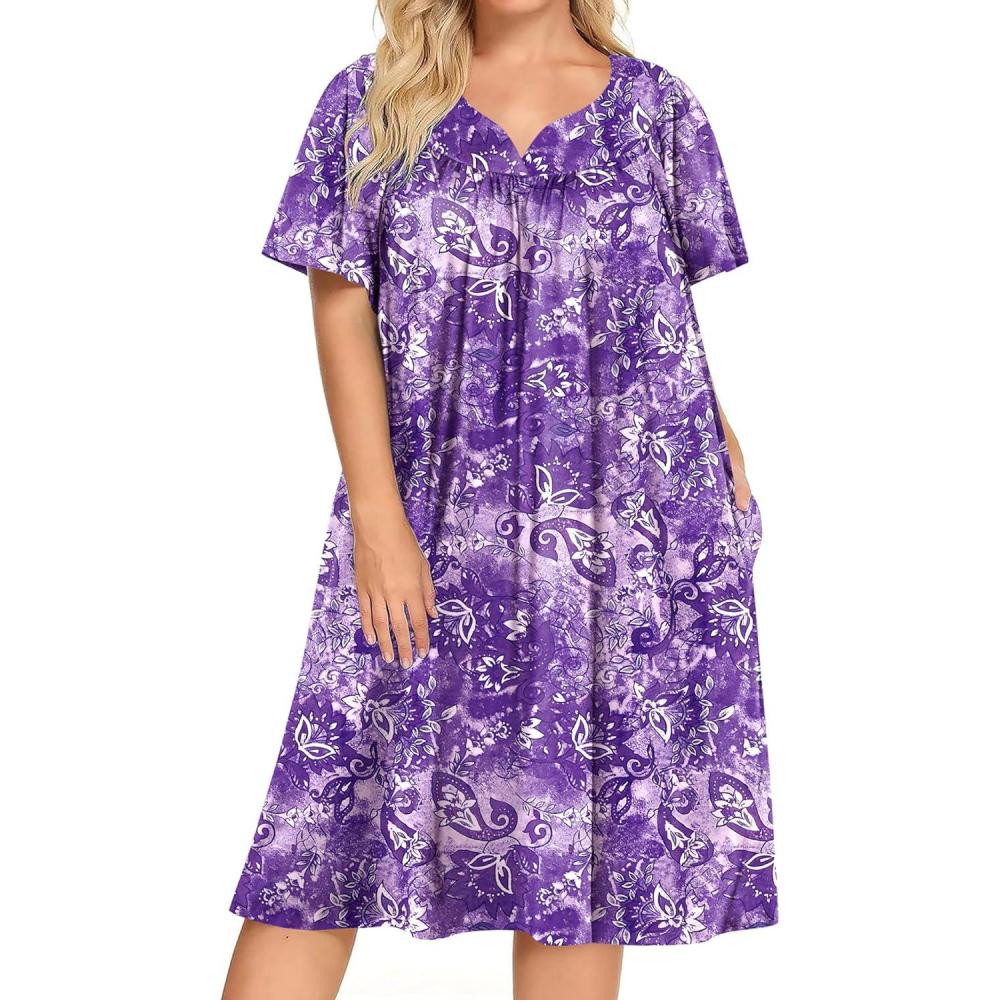 imageEkouaer Plus Womens Plus Size Mumu Dress Short Sleeve House Dress Momo Sleepdress with PocketsPurple Print Flaral