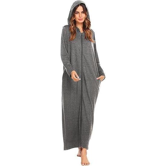 imageEkouaer Robe for Women Zipper Robe Loungewear Full Length Sleepwear Pockets Housecoat Casual Straight Robe SXXLDark Grey