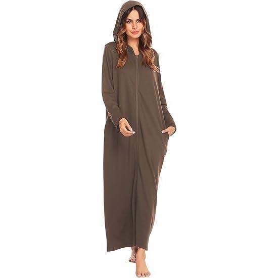 imageEkouaer Robe for Women Zipper Robe Loungewear Full Length Sleepwear Pockets Housecoat Casual Straight Robe SXXLKhaki