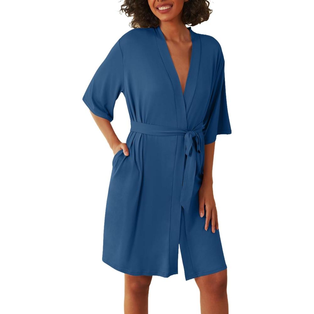 imageEkouaer Short Robes for Women Lightweight Kimono Robes Knit Bathrobe Soft Sleepwear with Pockets SXXLDark Blue