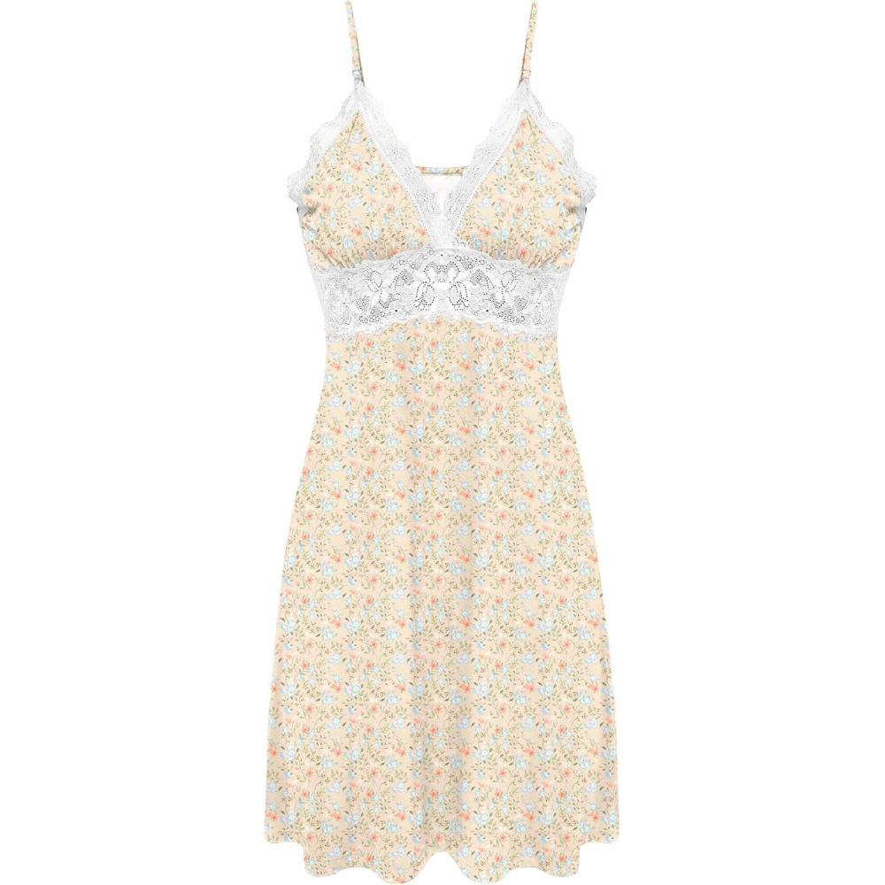imageEkouaer Sleepwear Womens Chemise Nightgown Full Slip Lace Lounge DressBlue Floral