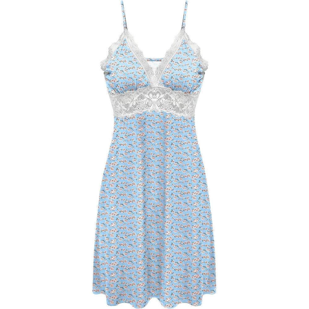 imageEkouaer Sleepwear Womens Chemise Nightgown Full Slip Lace Lounge DressBlue Flower
