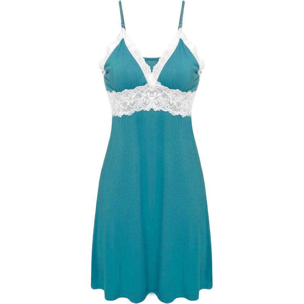 imageEkouaer Sleepwear Womens Chemise Nightgown Full Slip Lace Lounge DressBlue Green