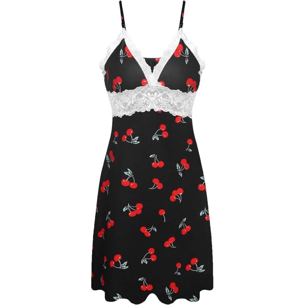 imageEkouaer Sleepwear Womens Chemise Nightgown Full Slip Lace Lounge DressCherry Print
