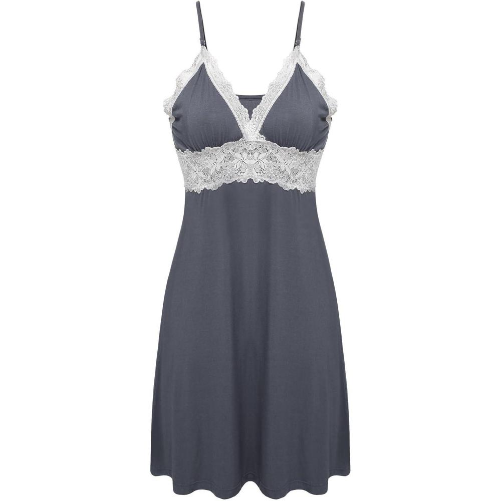 imageEkouaer Sleepwear Womens Chemise Nightgown Full Slip Lace Lounge DressGrey