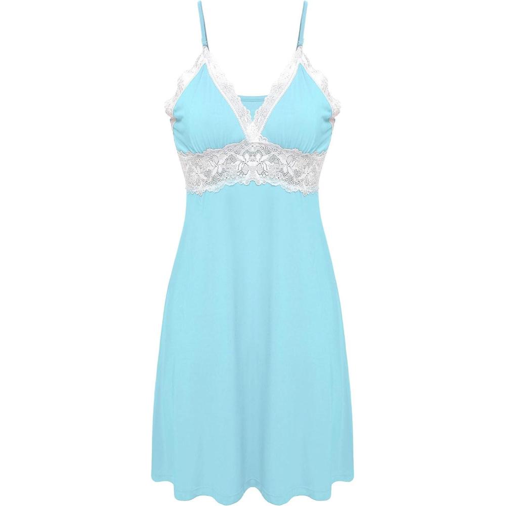 imageEkouaer Sleepwear Womens Chemise Nightgown Full Slip Lace Lounge DressLight Blue