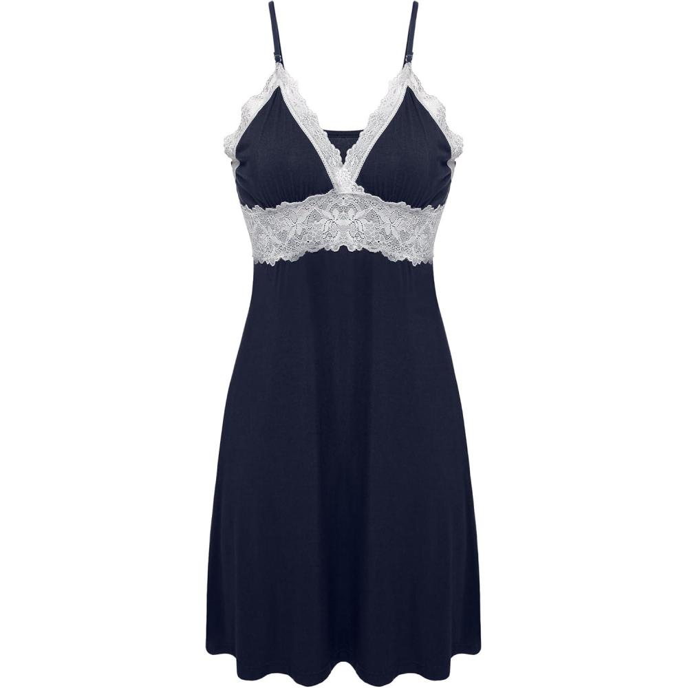 imageEkouaer Sleepwear Womens Chemise Nightgown Full Slip Lace Lounge DressNavy
