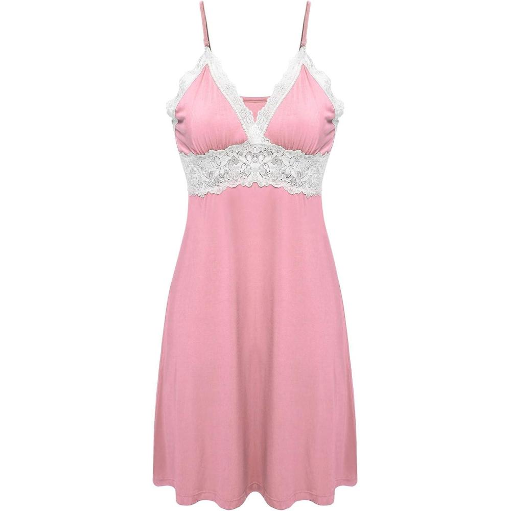 imageEkouaer Sleepwear Womens Chemise Nightgown Full Slip Lace Lounge DressPink
