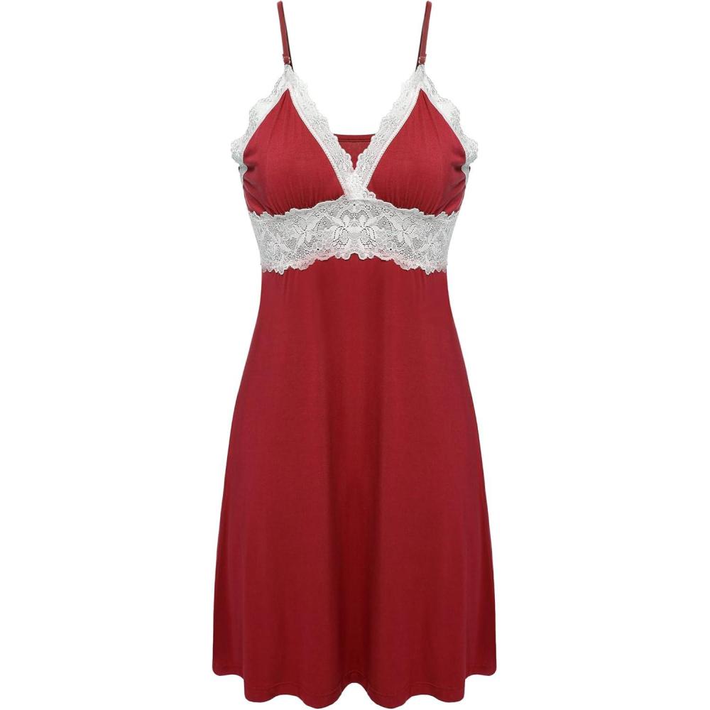 imageEkouaer Sleepwear Womens Chemise Nightgown Full Slip Lace Lounge DressRed