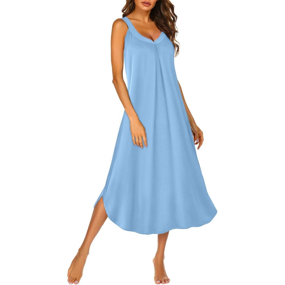 imageEkouaer Sleeveless Nightgowns for Women Long Night Gown Pleated Full Length Sleepwear Tank Sleep Dress Slit Dress S2XLLight Blue