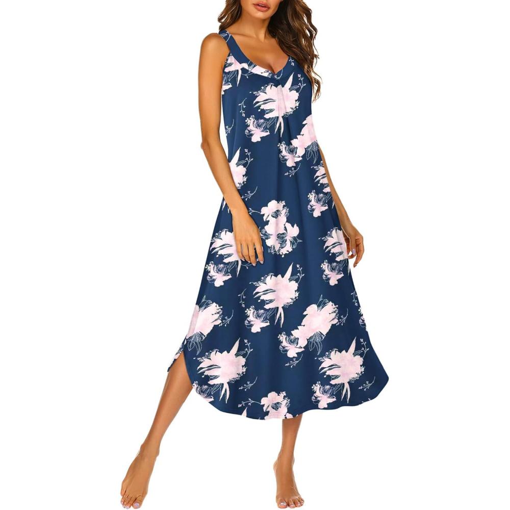 imageEkouaer Sleeveless Nightgowns for Women Long Night Gown Pleated Full Length Sleepwear Tank Sleep Dress Slit Dress S2XLNavy Blue Flowers