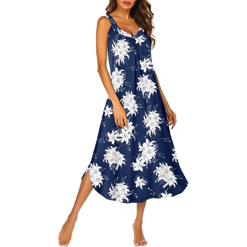 imageEkouaer Sleeveless Nightgowns for Women Long Night Gown Pleated Full Length Sleepwear Tank Sleep Dress Slit Dress S2XLSilhouette Flowers