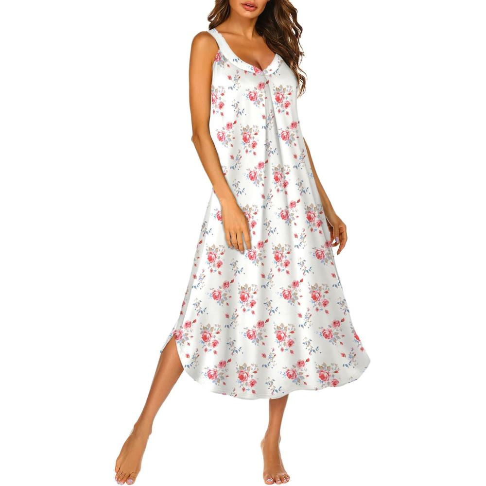 imageEkouaer Sleeveless Nightgowns for Women Long Night Gown Pleated Full Length Sleepwear Tank Sleep Dress Slit Dress S2XLWhite Peach