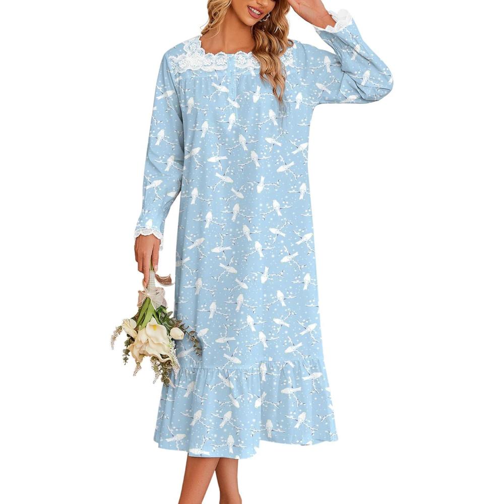 imageEkouaer Victorian Nightgown 100 Cotton Long Sleeve Vintage Old Fashioned Gown for WomenWhite Bird