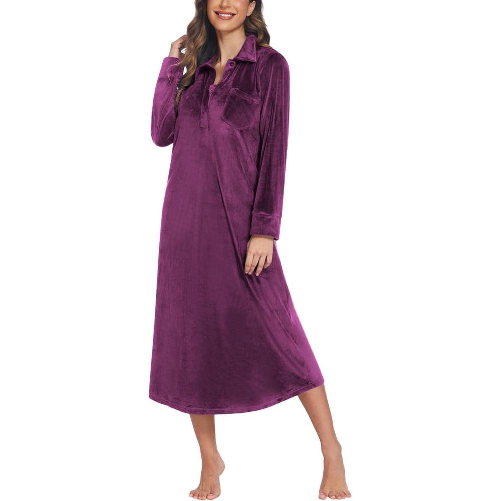 imageEkouaer Women Flannel Nightgown Full Length Boyfriend Nightshirt Plaid Long Sleep Dress with Button Loungewear SXXXLPurple