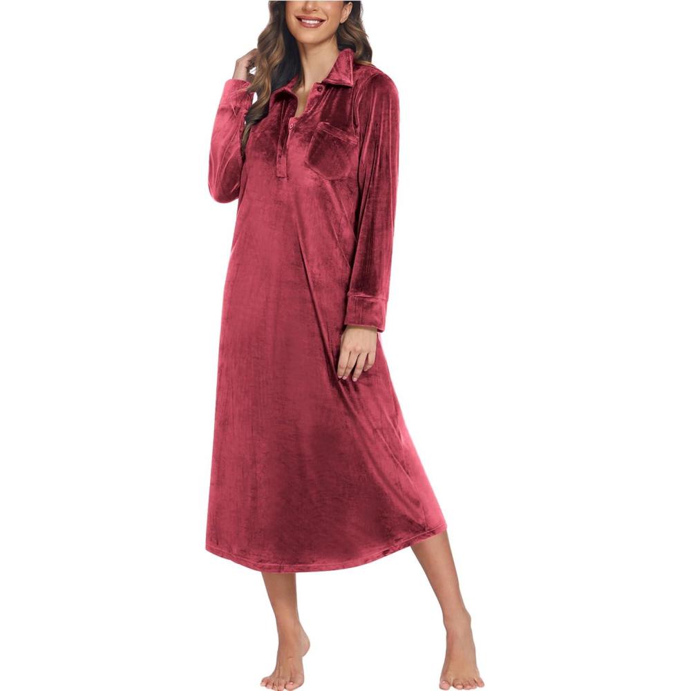imageEkouaer Women Flannel Nightgown Full Length Boyfriend Nightshirt Plaid Long Sleep Dress with Button Loungewear SXXXLWine Red