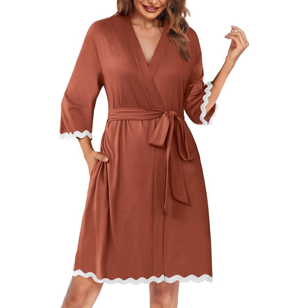 imageEkouaer Women Kimono Robe 34 Sleeves Loungewear Dress Knee Length Sleepwear Pockets Housecoat Short Bathrobe SXXLCcaramel