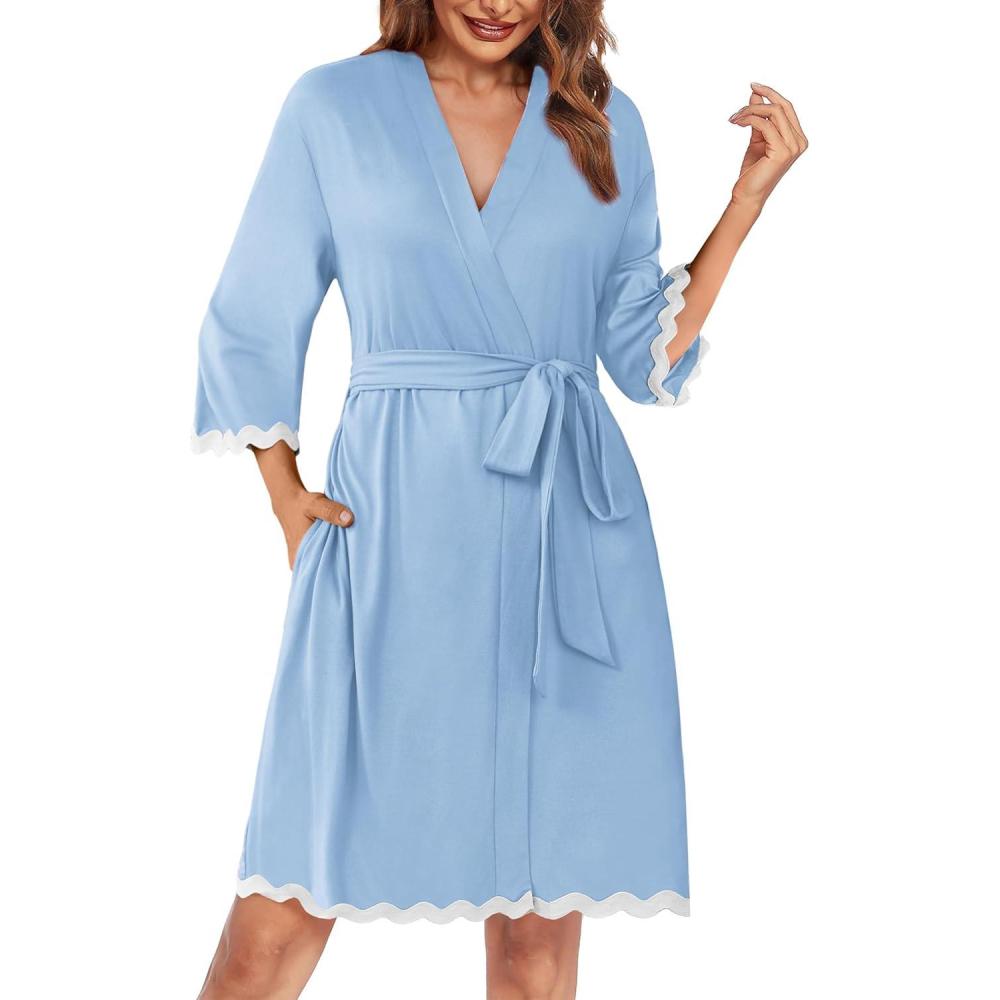 imageEkouaer Women Kimono Robe 34 Sleeves Loungewear Dress Knee Length Sleepwear Pockets Housecoat Short Bathrobe SXXLCclear Blue