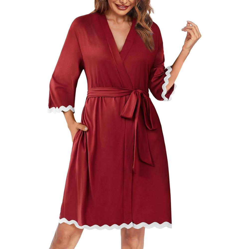 imageEkouaer Women Kimono Robe 34 Sleeves Loungewear Dress Knee Length Sleepwear Pockets Housecoat Short Bathrobe SXXLCwine Red