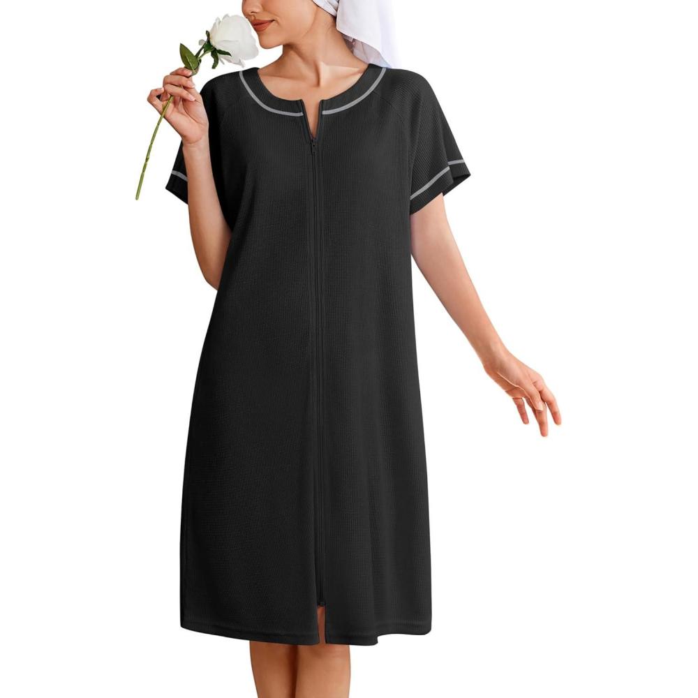 imageEkouaer Women Zipper Robe Short Waffle Knit Bathrobe Lightweight Housecoat Soft Knee Length Loungewear with Pockets Black M