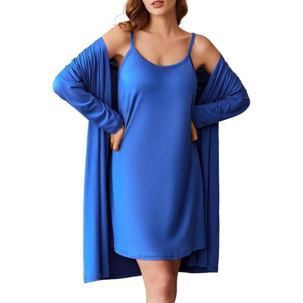 imageEkouaer Womens 2 Pieces Robe Sets Long Sleeves Nightgown Soft Sleepwear Pajamas Sets Royal Blue Medium