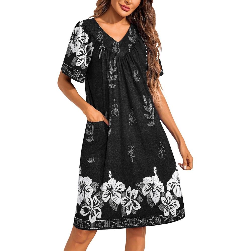 imageEkouaer Womens House Dress Floral Print Moo Moos Nightgowns Moomoo Dresses Mumus with PocketsBlack