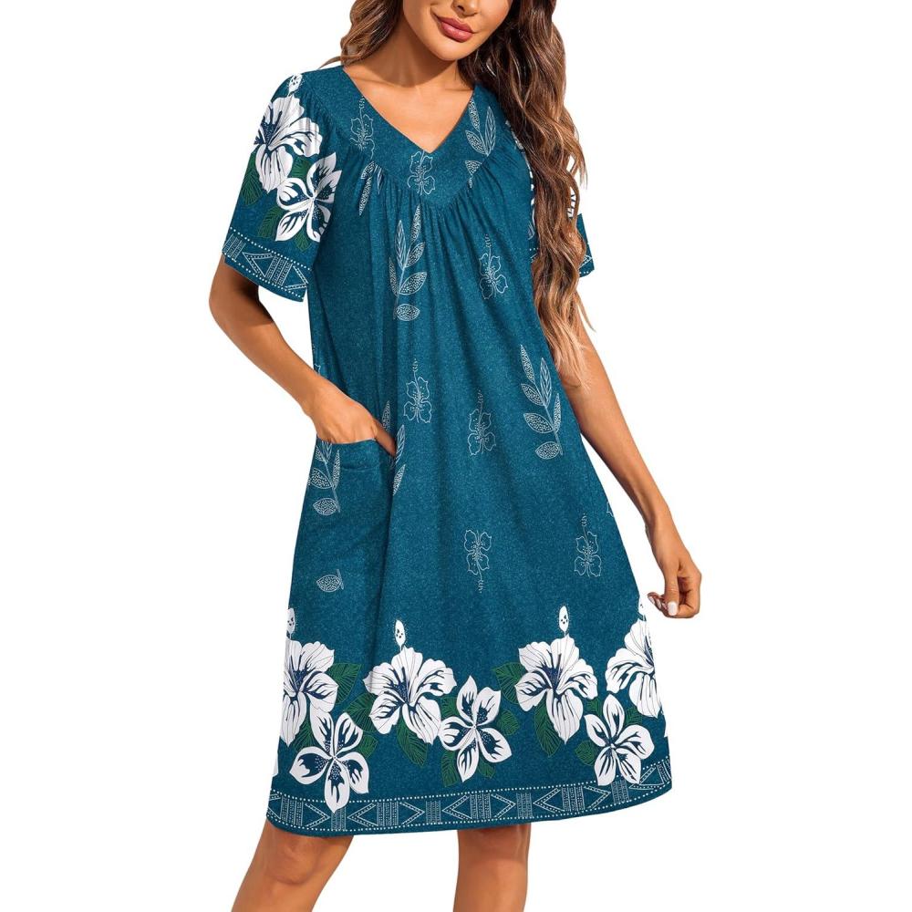 imageEkouaer Womens House Dress Floral Print Moo Moos Nightgowns Moomoo Dresses Mumus with PocketsBlue Green