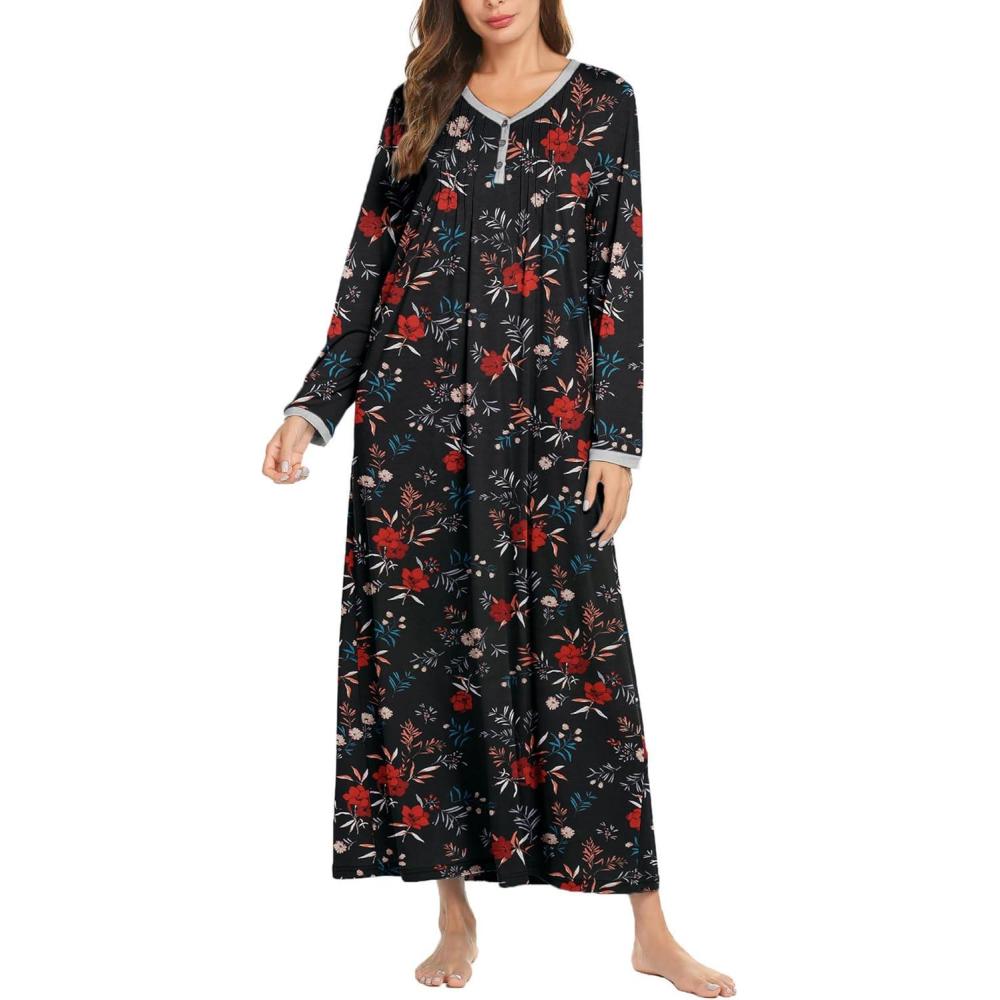 imageEkouaer Womens Long Sleeve Nightgown Full Length Sleepwear Long Sleepshirts Henley Sleep Dress S4XLBbblackfloral Print
