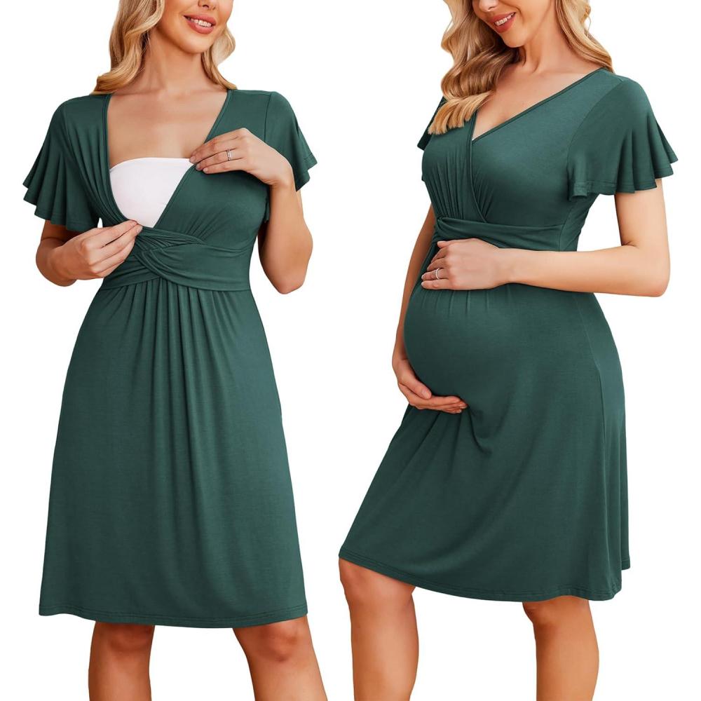 imageEkouaer Womens Maternity Dress Short Sleeve VNeck Nursing Dresses Pregnancy Clothes SXXLDark Green