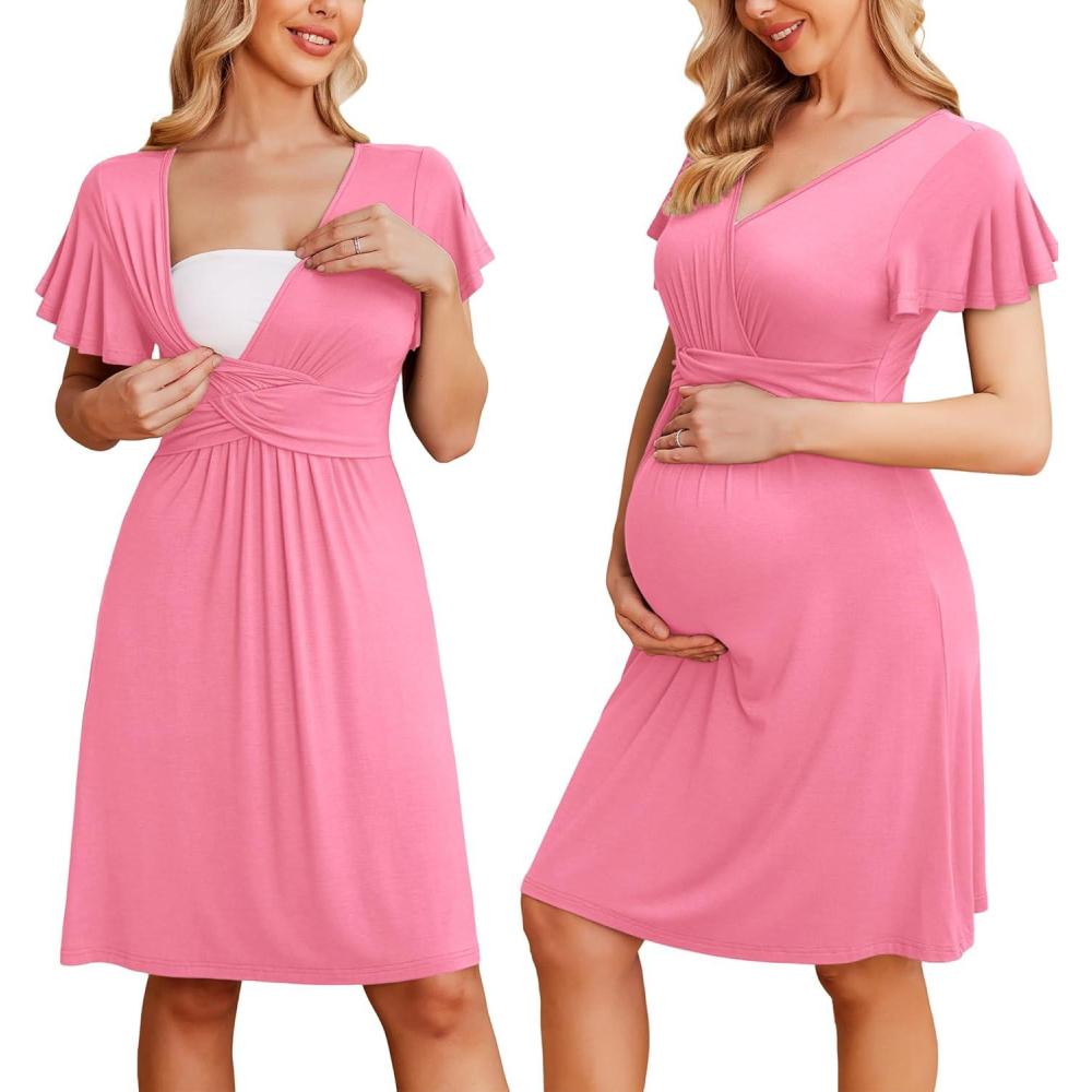 imageEkouaer Womens Maternity Dress Short Sleeve VNeck Nursing Dresses Pregnancy Clothes SXXLRose Pink